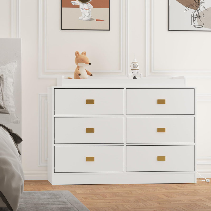 6 Drawer Baby Changing Table Dresser with Power Outlets, Pad & Removable Top, White