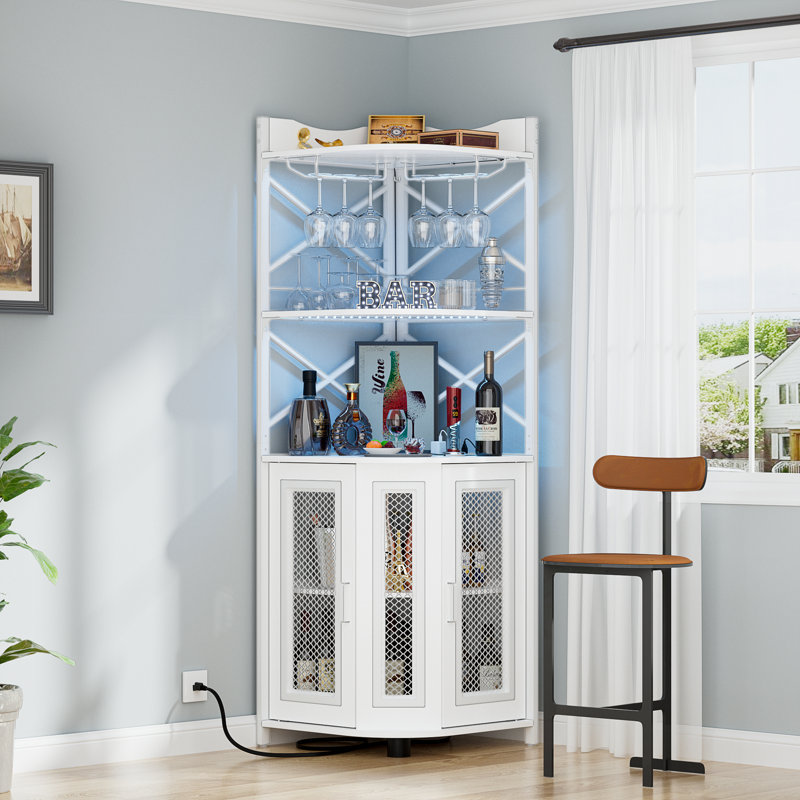 Meuble-bar Conner avec rangement pour bouteilles de vin et bande DEL, Blanc