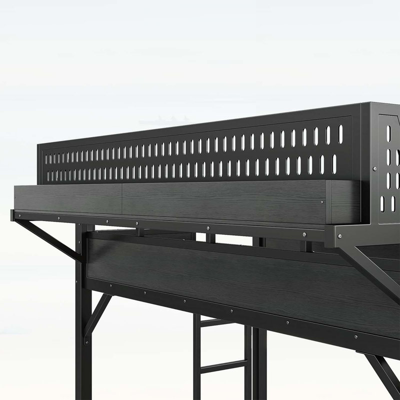 Lit mezzanine simple TG avec glissoire, tablettes de rangement, garde-robe intégrée, ports USB, lumières DEL et panneau perforé, sécurité et solidité, noir