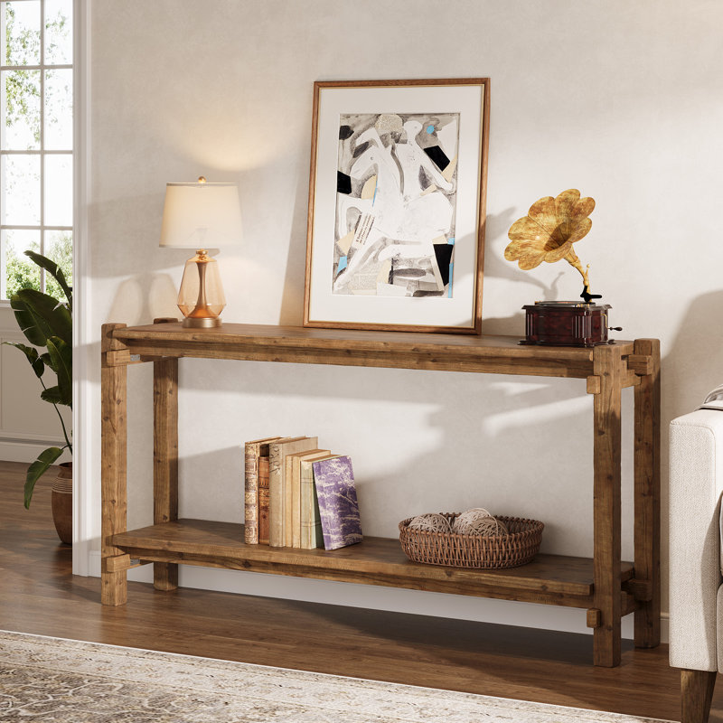 63-Inch Solid Wood Console Table with Storage, 2-tier Farmhouse  Entryway Table for Hallway