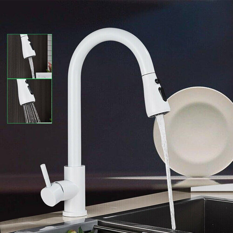 White Kitchen Tap Lead-Free Pull Out Spray Mixer Tap Swivel 1-Lever Pause Button
