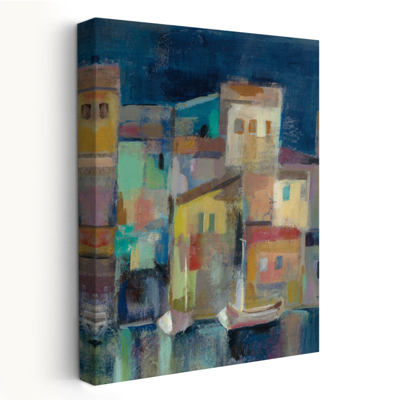 «Evening I Port III» - Architecture abstraite bleu beige, H 24 po x l 16 po