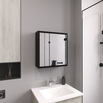 Armoire à miroir noire pour salle de bain et cuisine, H 21,1 po x l 19,7 po, 4 tablettes intérieures avec porte-serviettes et support