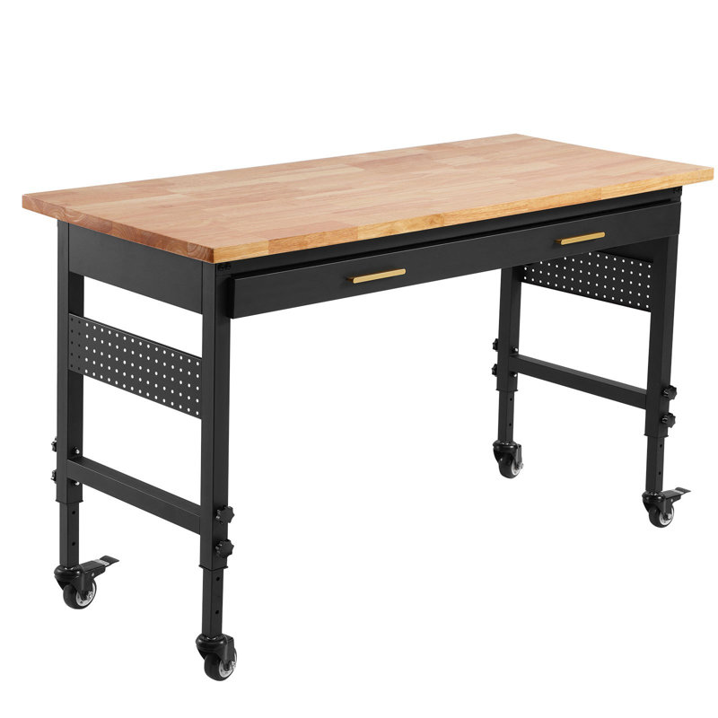 Établi réglable de 60 pouces, capacité de charge de 1500 lb, établi de garage avec tiroir, prise de courant, roues et panneau perforé, table de travail en bois de chêne robuste pour garage, atelier, bureau et maison