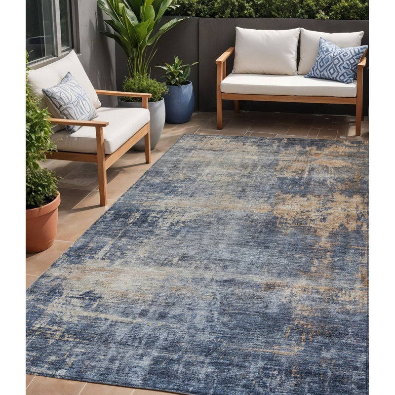 Tapis extérieur lavable abstrait bleu et brun clair 5 pi x 8 pi Denim
