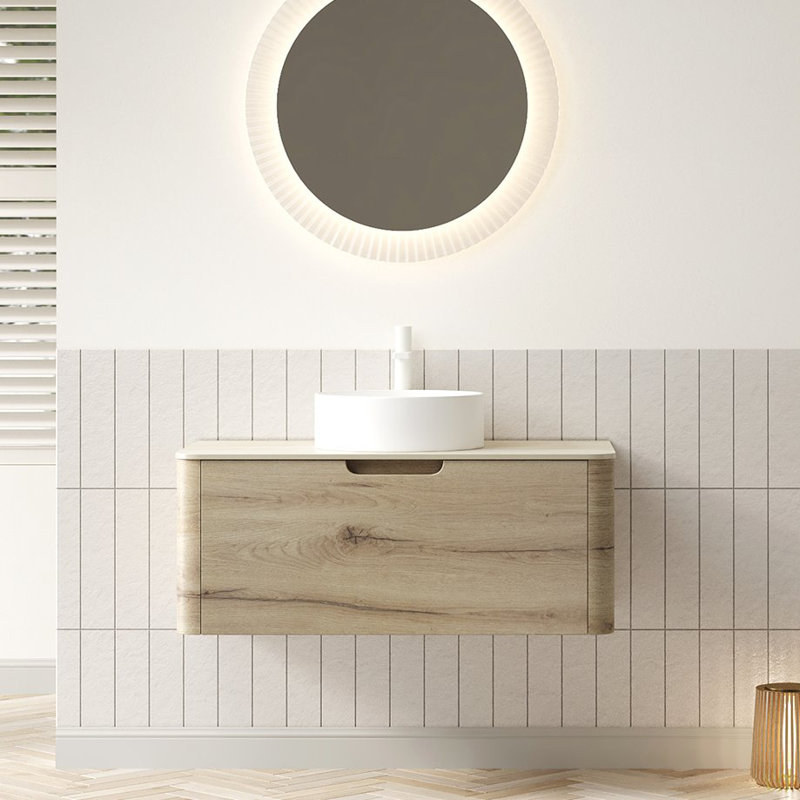 Meuble-lavabo de 36 po avec lavabo, armoire de rangement murale en contreplaqué avec tiroir, lavabo rond en céramique et plateau en pierre Sinte à motif travertin Roma, pré-assemblé