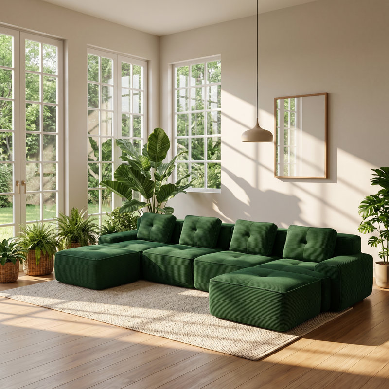 Canapé modulaire à assise profonde en velours côtelé modulaire à 4 places l 150,4 po x P 69,7 po x H 27,1 po Evergreen