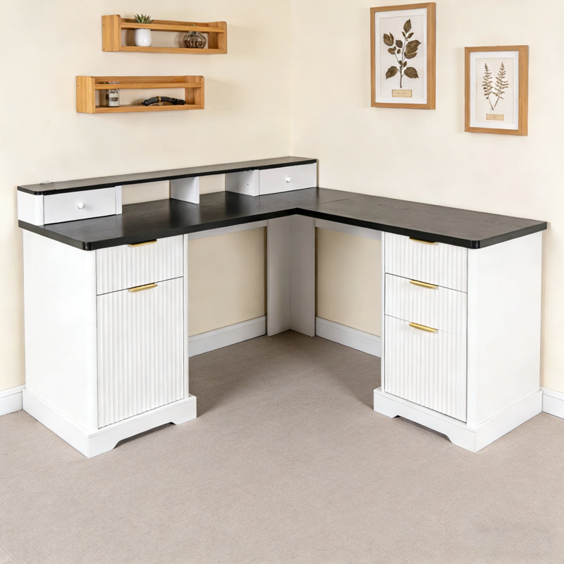 59" Modern Fluted L-Shaped Computer Desk With Storage Cabinet And Charging Station, Black/White
