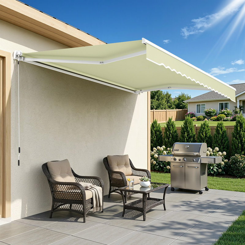 Retractable Patio Window Awning with Aluminum Frame, Acrylic Fabric, Beige, 8' x 7'