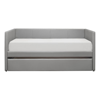 Gray Faux Leather Upholstered Contemporary Daybed With Trundle Wooden Furniture 1Pc