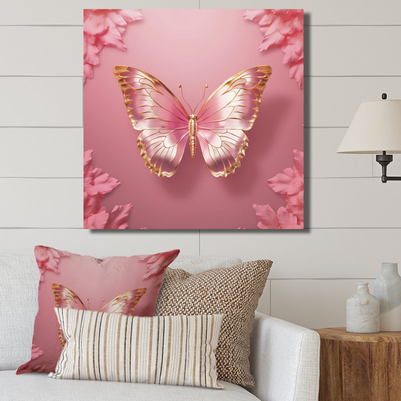 Papillon rose et or II - art mural papillon pour le salon, H 36 po x l 36 po x P 1,5 po, Toile tendue