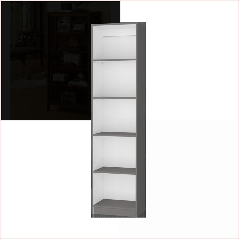 Bibliothèque moderne Slim à 5 tablettes, gris mat et amp; Blanc | Fermé à l'arrière | Espace de vie principal