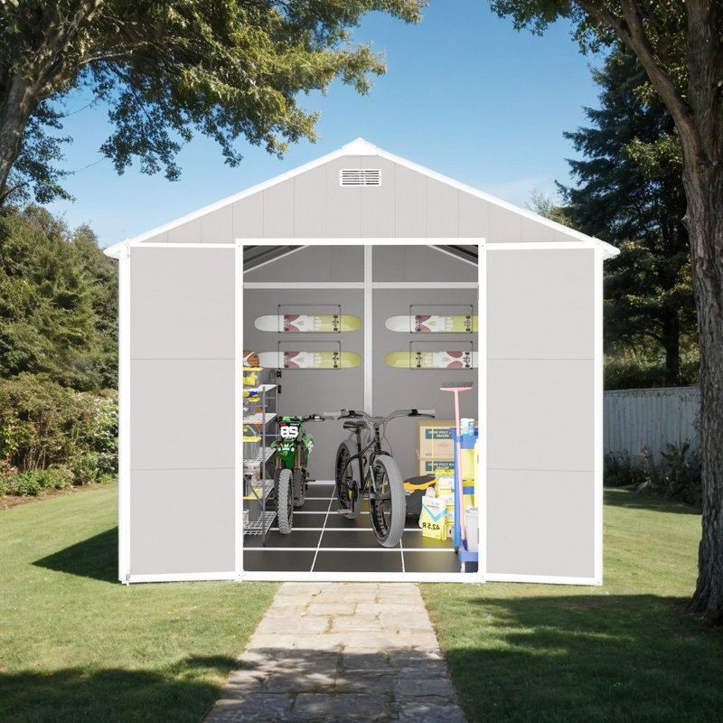 Remise de rangement en résine 8 * 10Ft avec éclairage de fenêtre HD, H 89,18 po x l 90,56 po x P 127,97 po
