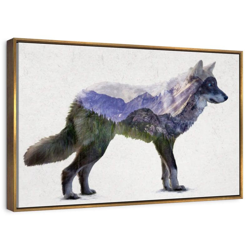 Rocky Mountain Grey Wolf, Floating Frame Gold, 13" X 9"
