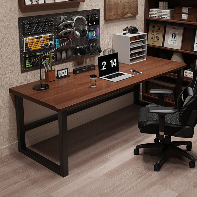 Nut-brown+Black Rectangular Solid Wood+Iron desk, 29.53" H x 55.12" W x 27.56" D