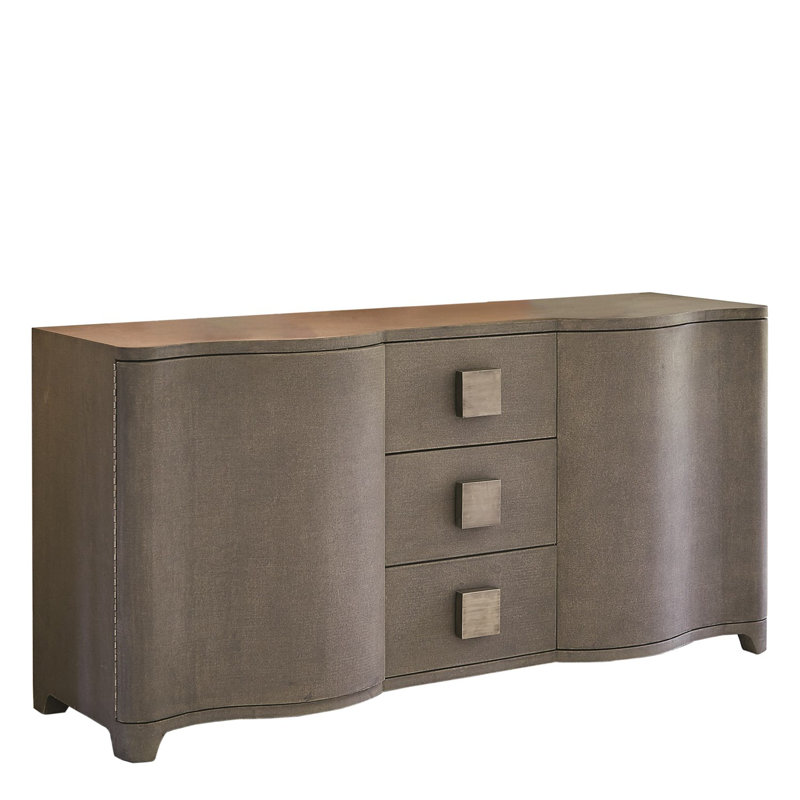 Gray Linen and Oak 66" Credenza with Antique Nickel Hardware