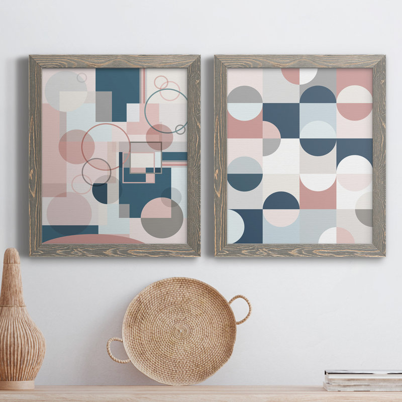 Modern Geo - ensemble de 2 peintures sur toile encadrées, H 20 po x l 34 po x P 1,5 po, Toile avec cadre gris