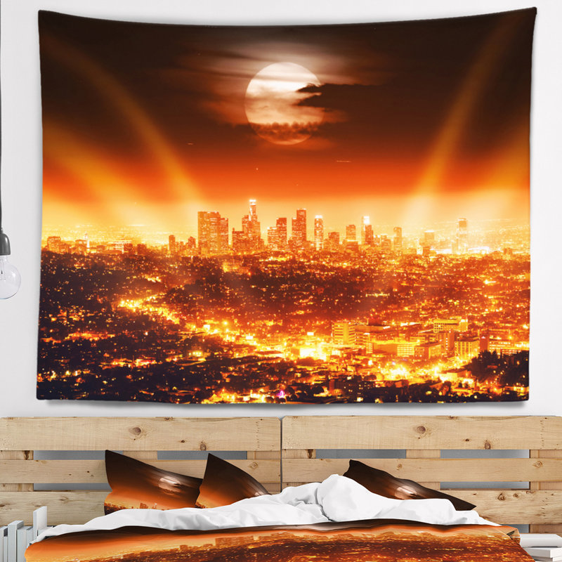 Tapisserie paysage urbain pleine lune sur Los Angeles, H 68 po x l 80 po