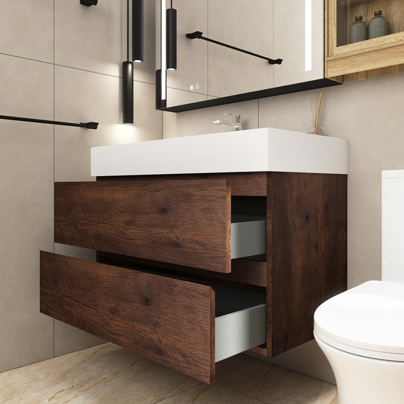 Meuble-lavabo simple 35,8 po avec surface solide Sibin, Noyer, Blanc