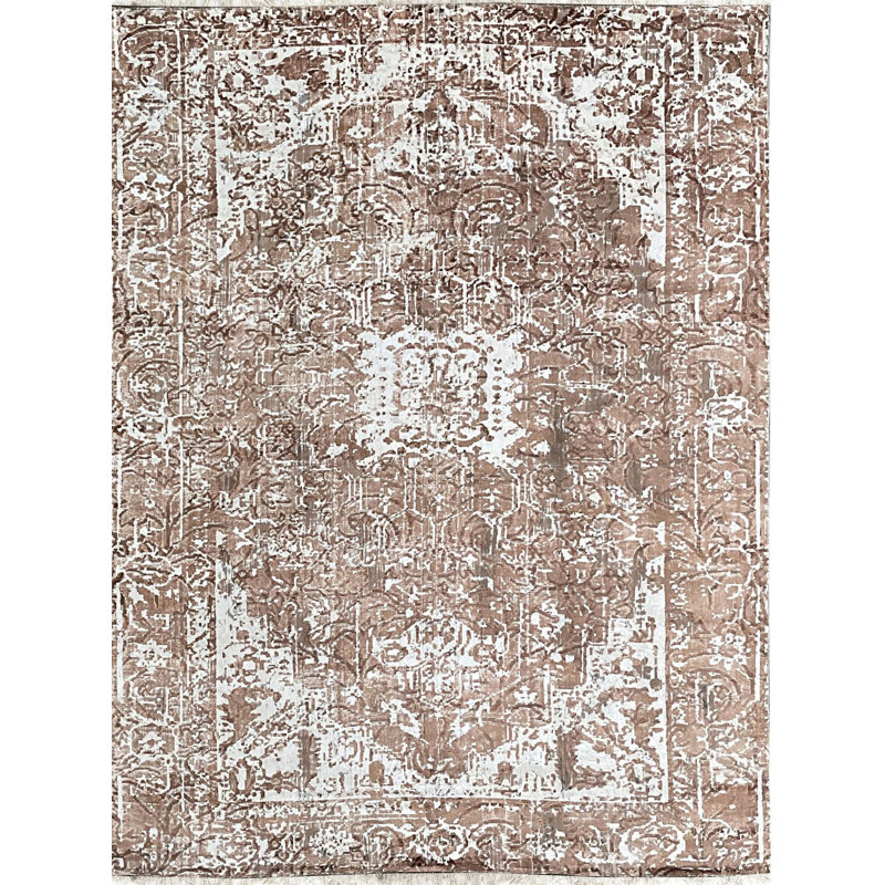 7x9 Ivory Hand-Knotted Wool Distressed Floral Modernist Design Modern Contemporary Carpet Rug