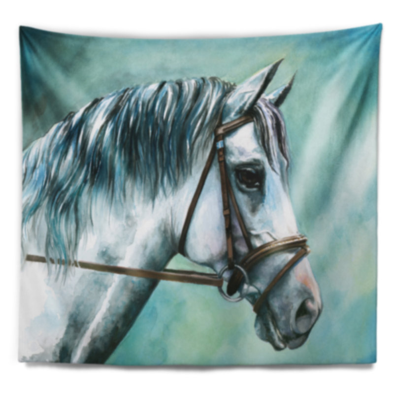 Tapisserie cheval gris sur fond bleu, H 32 po x l 39 po