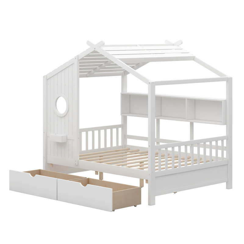 Vidoje Kids Bed with Storage Shelf, White, Full