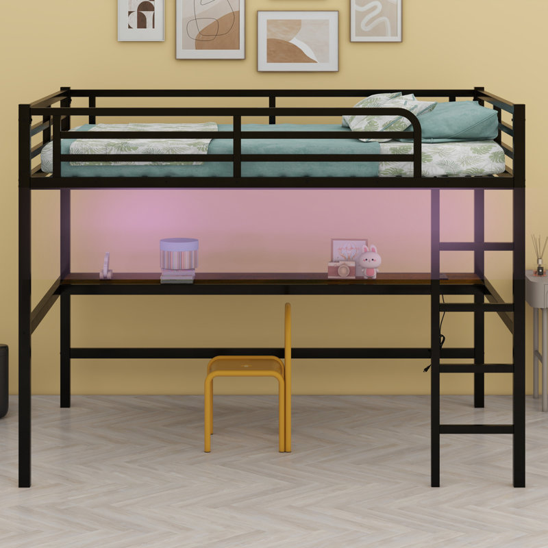 Metal Loft Bed With Power Outlet And LED Lighted, Space-Saving, Black