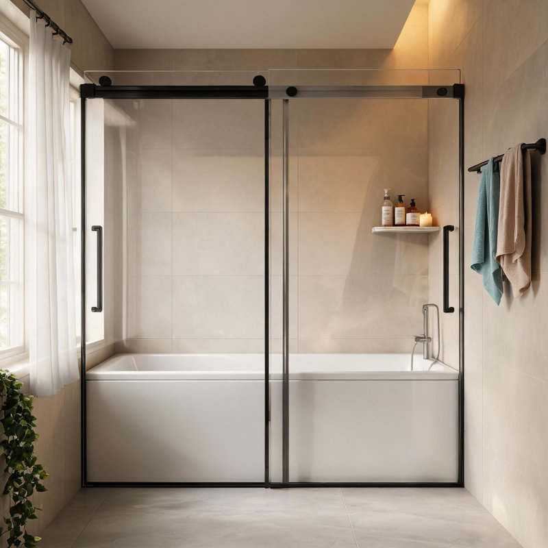 56 inch to 60 inch Black Frameless Sliding Bathtub Door with Tempered Glass