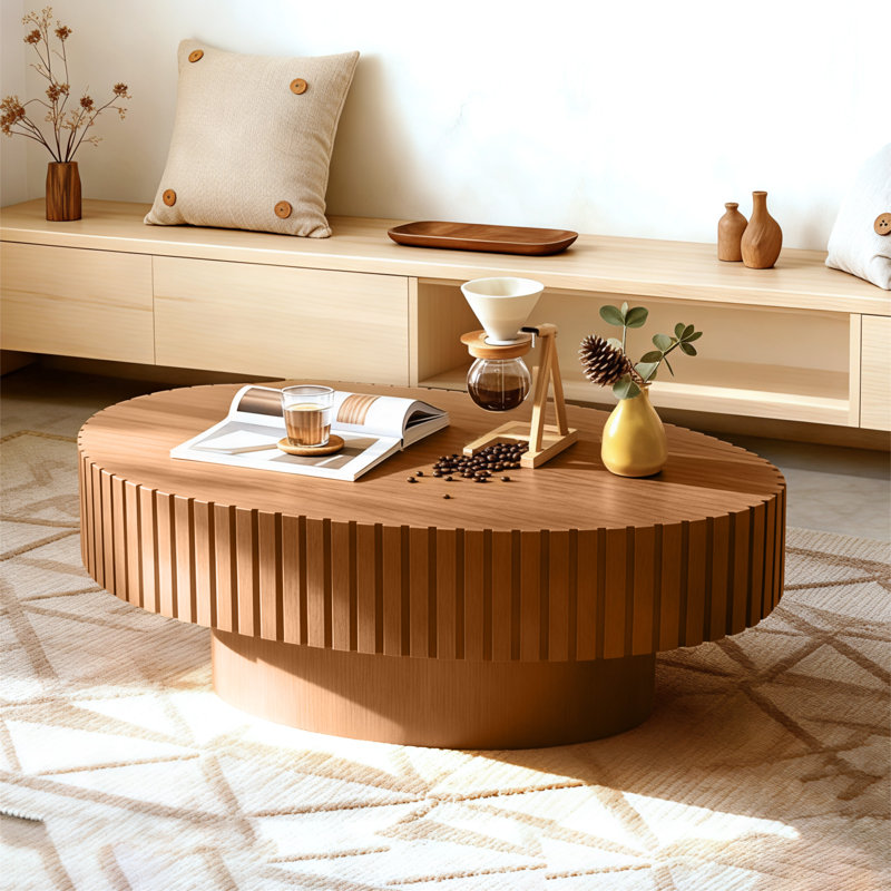 43.5'' Modern Oval Wooden Olive-shaped Coffee Table With Solid Wood Fluted Design For Living Room, Light Brown