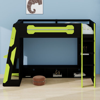 Lit mezzanine avec bureau d'étude, tablettes de rangement multiples