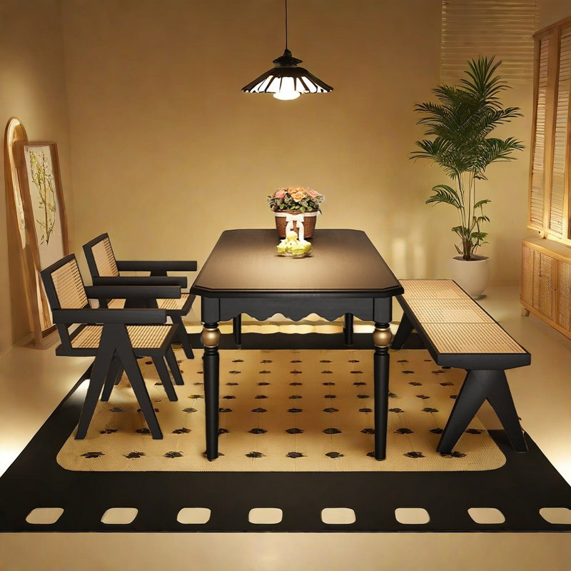 French vintage solid wood dining table set., 29.5"H x 86.6"L x 35.4"W