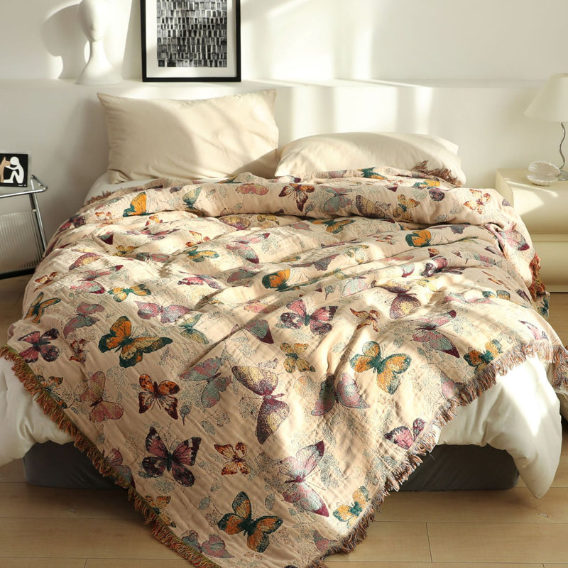 Jeté en coton tissé jacquard Butterfly, Rose / Vert