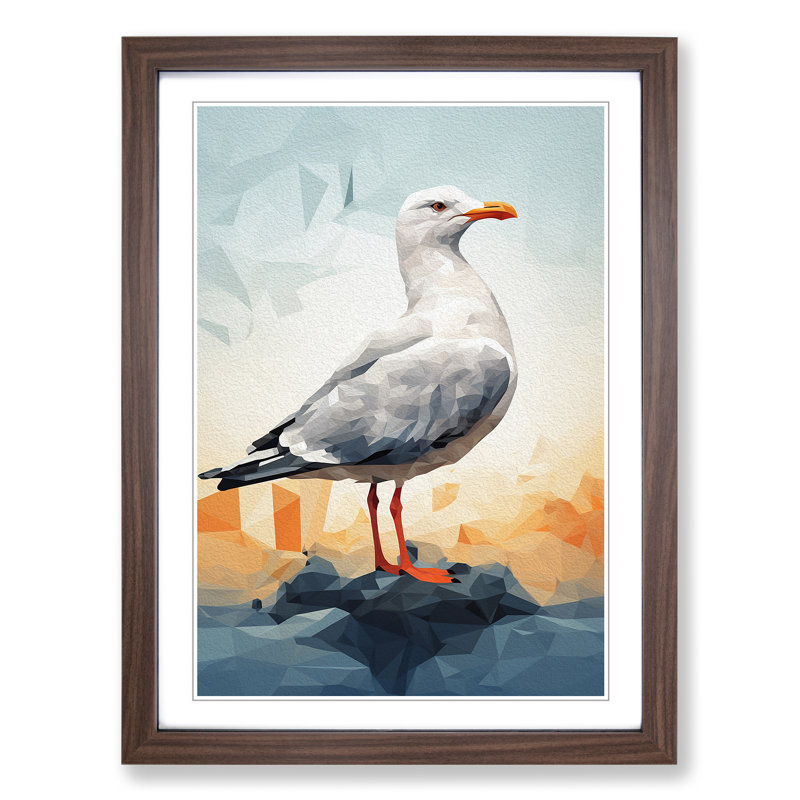 Seagull Geometric - Single Picture Frame Print on Wood, Walnut, 46cm H x 34cm W x 2cm D
