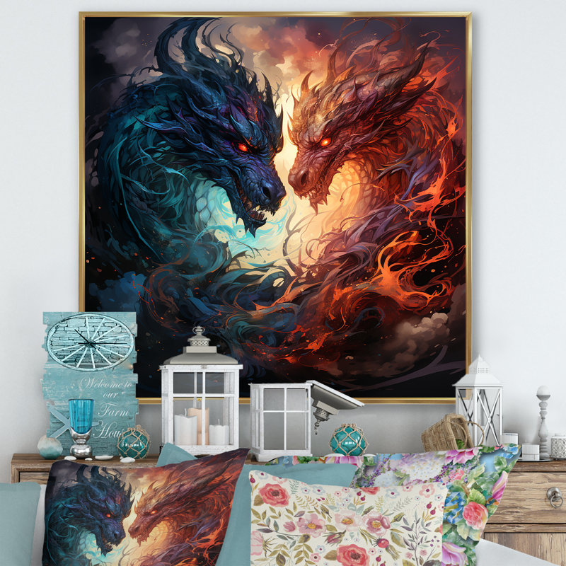 «Fire Breathing Dragons Lair III - Dragons», art mural, H 36 po x l 36 po x P 1,5 po, Cadre flottant doré