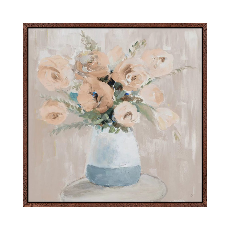 Neutral Peonies 1 Piece Painting on Canvas, 45.72 cm H x 45.72 cm W, Classic Brown Wood Framed