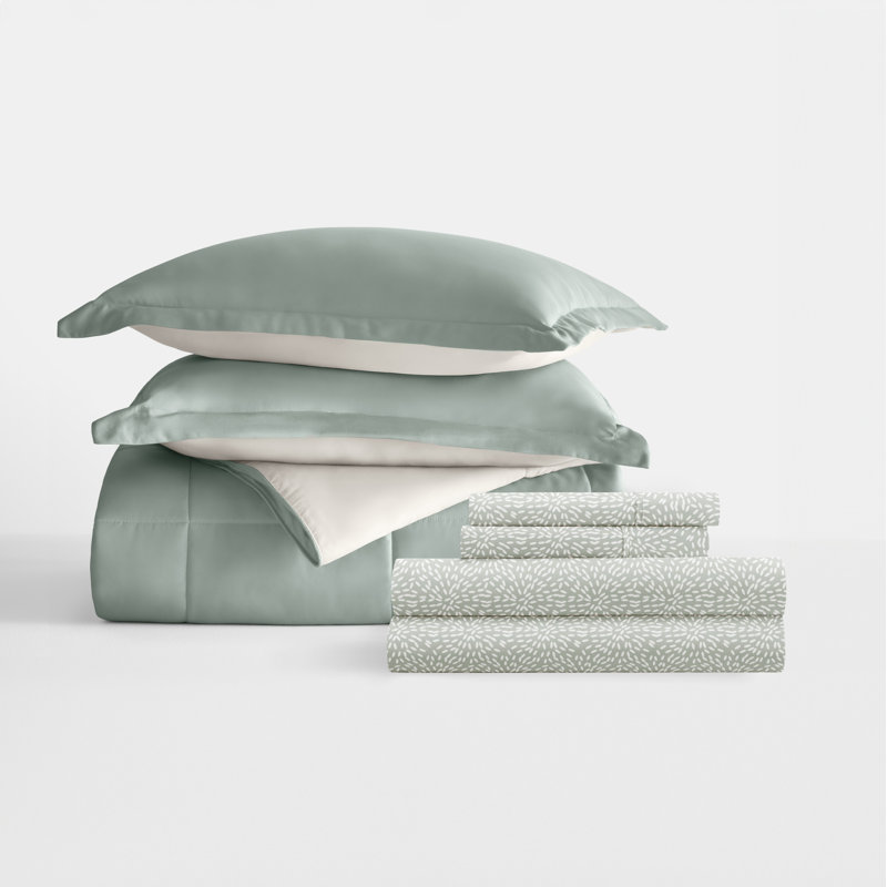 7-Piece Reversible Bedding Bundle - Solid Comforter and Patterned Sheet Set, Full Comforter + 1 Additional Piece