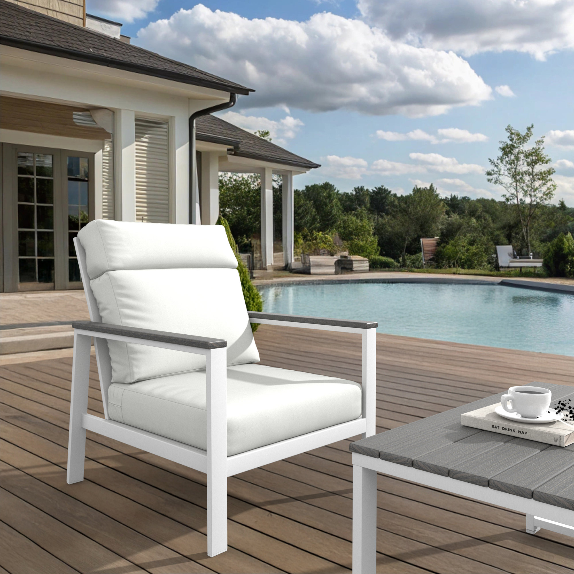 Townsend Metal Outdoor Lounge Club Chair With Sunbrella Cushion, Canvas White