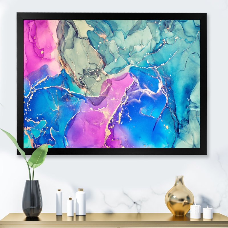 Art abstrait liquide rose et mauve III - reproduction sur toile, H 12 po x l 20 po x P 1 po, Cadre noir
