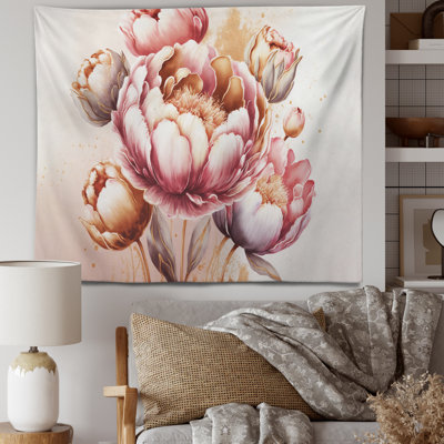 Pink And Gold Tulips Polyester Tapestry