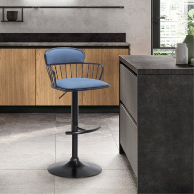 Tabouret de bar réglable en bois noir Nash en tissu bleu avec métal noir