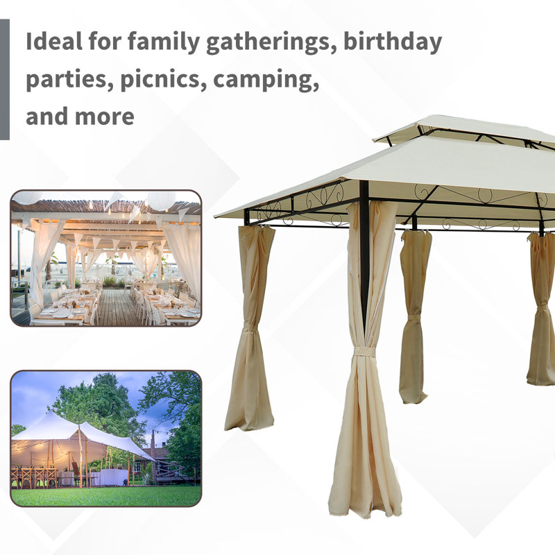 Cream White Steel Frame Patio Gazebo with Curtains