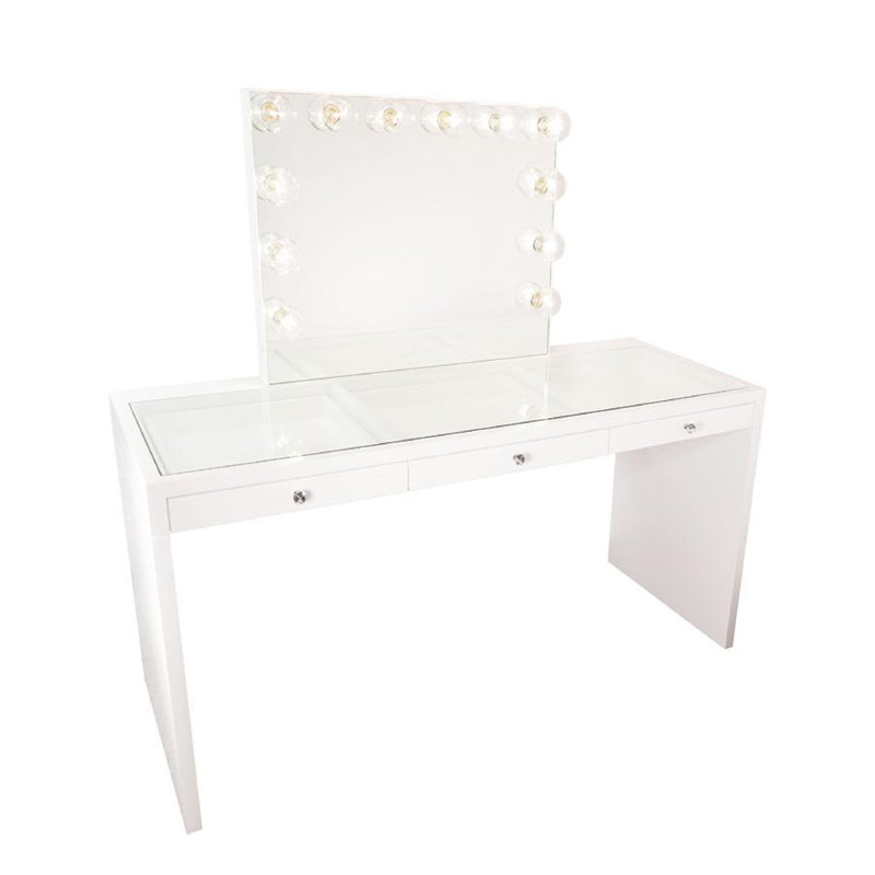 SlayStation Pro Premium Vanity Table and LED Makeup Vanity Mirror with Clear View Glass Top, Glossy White