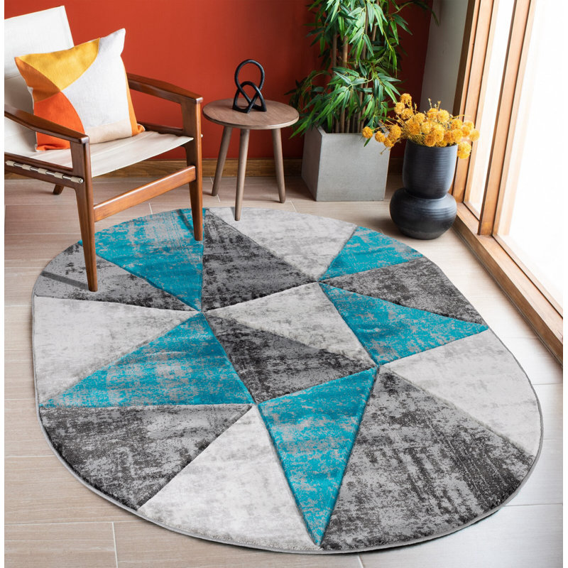 Tapis bleu / noir / gris Gini, Ovale 5 pi 2 po x 7 pi 5 po