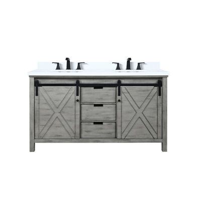 Meuble-lavabo double gris cendré 60 po L 22 po x P, comptoir et robinet en quartz blanc - finition, grand espace de rangement avec armoires et tiroirs pour s'user, espace spacieux