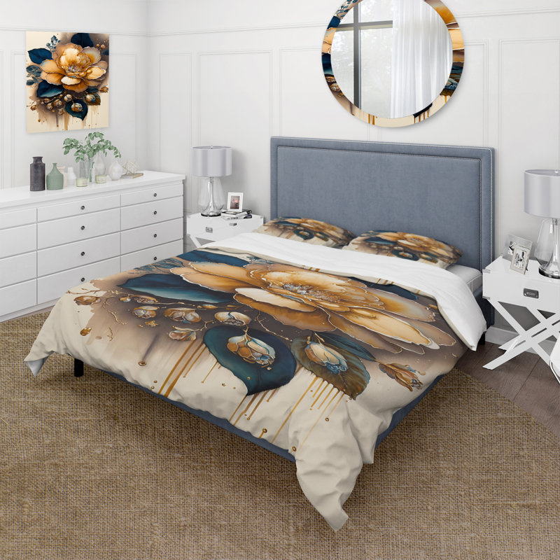 Ensemble de housse de couette jaune et bleu foncé Camellia Flower I - Floral Camellia - Polyester microfibre