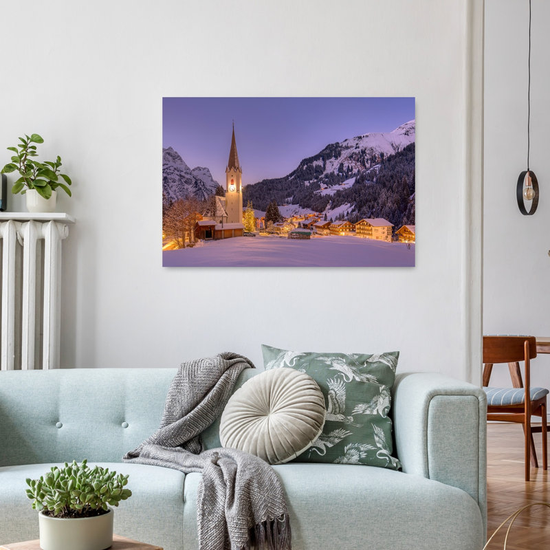 Cozy Winter Village Evening Peaceful Serene Abstract Landscape Mountain Wall Art Print 1 Piece Wrapped Canvas Wall Art