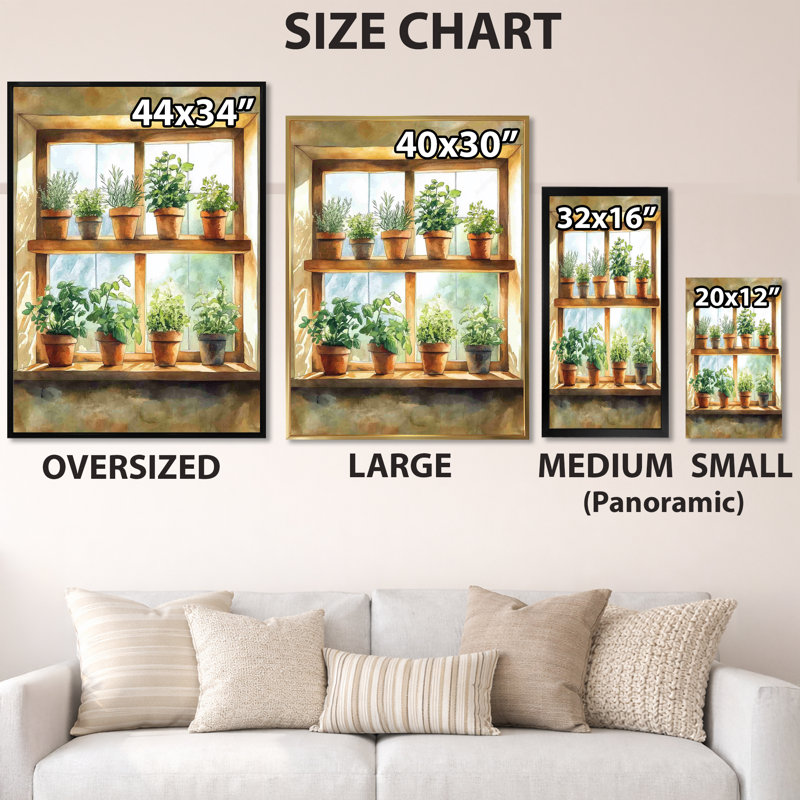 Herbes sur la fenêtre de la cuisine - Art mural sur toile culinaire, H 44 po x l 34 po, White Floater Framed