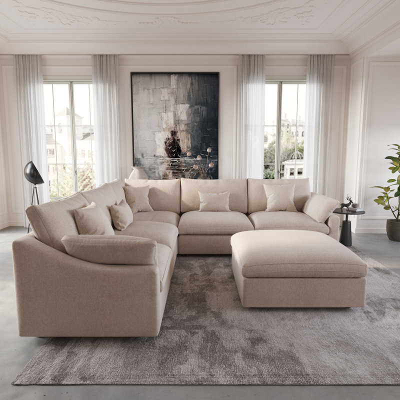 6 - Piece Slipcovered Sectional With Ottoman, Khaki Linen Blend