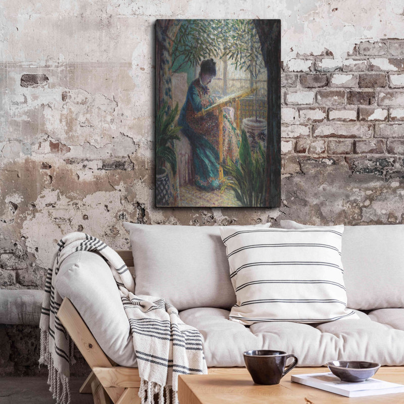 «Madame Monet Embroidering» par Claude Monet, art mural en métal, H 36 po x l 24 po