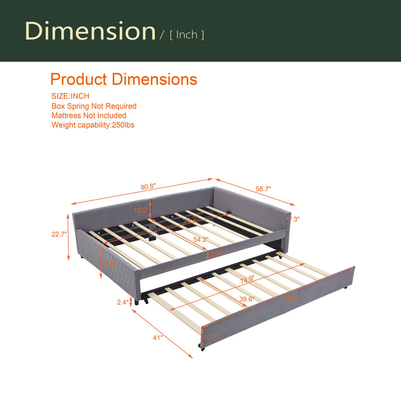 Upholstered Daybed With Trundle,Sturdy Wooden Bed Frame, Modern Diamond Grid Design,For Bedroom, Guest Room, Gray